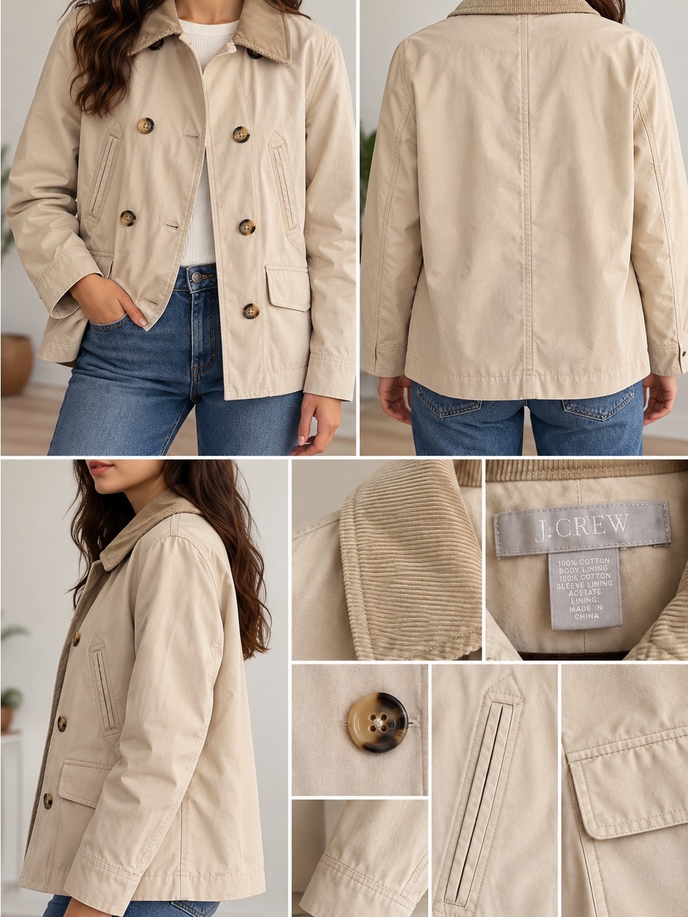 J. Crew Beige Cotton Trench-Style Jacket with Corduroy Collar 100% cotton
